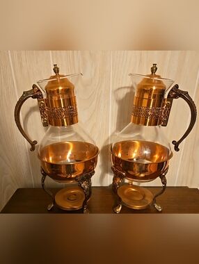 Pair of Copper and Glass Vintage Princess House Coffee Carafe Warmers